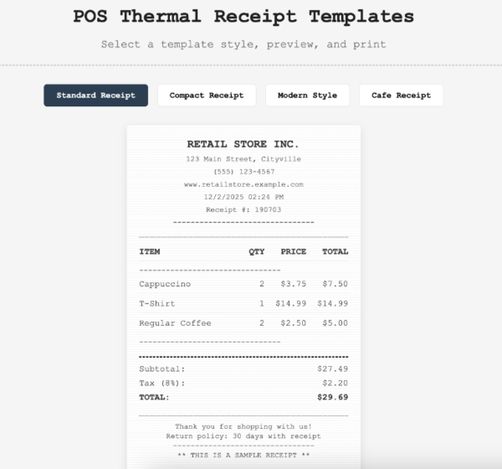 Thermal Receipt Templates Preview – Standard, Compact, Modern & Cafe Styles